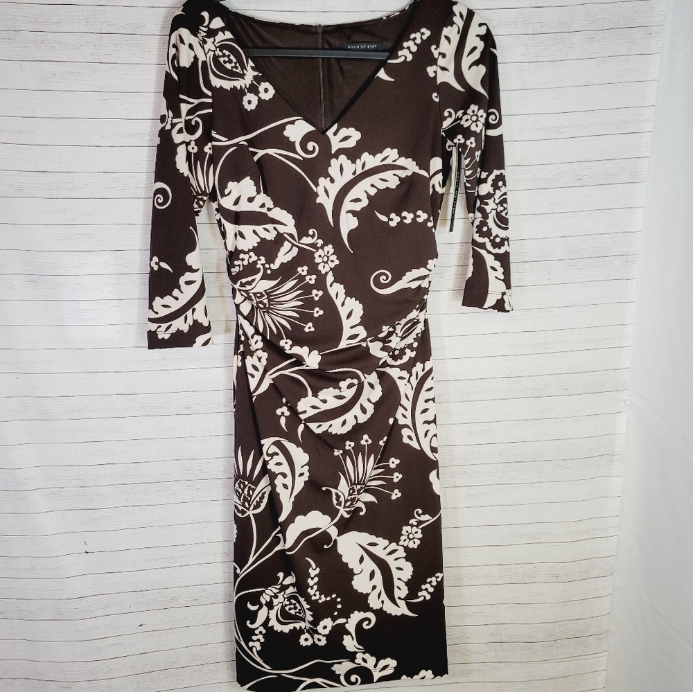 DAVID MEISTER BROWN FLORAL 3/4 SLEEVE DRESS, SZ 4